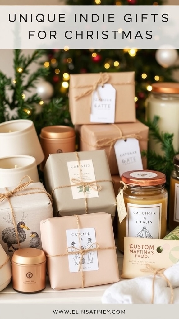 A collection of unique indie gifts for Christmas, featuring handmade items and creative packaging.